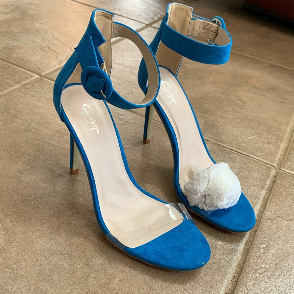 Blue faux suede high heel sandals